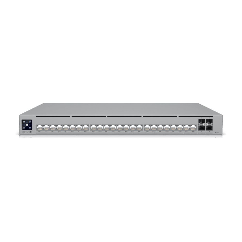 Ubiquiti 24 Port Professional-grade, Layer 3 Etherlighting switch with (2) 10 GbE PoE++, (22) 2.5 GbE PoE++, and (4) 10G SFP+ ports.
